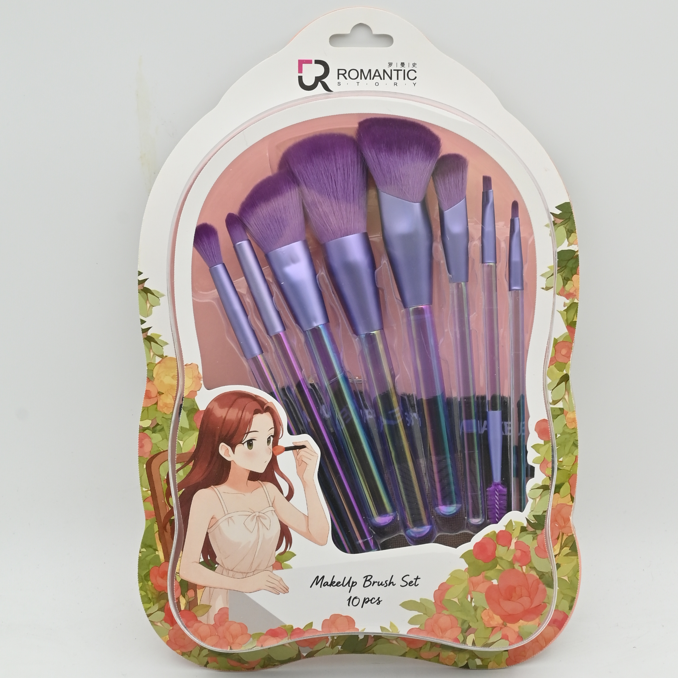 Romance 10 Colorful Handle Brushes + Powder puff + storage bag Item Picture