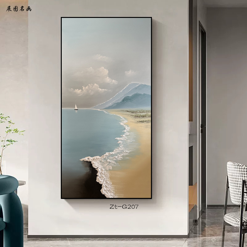 现代极简风纯手绘油画玄关画风生水起海景油画