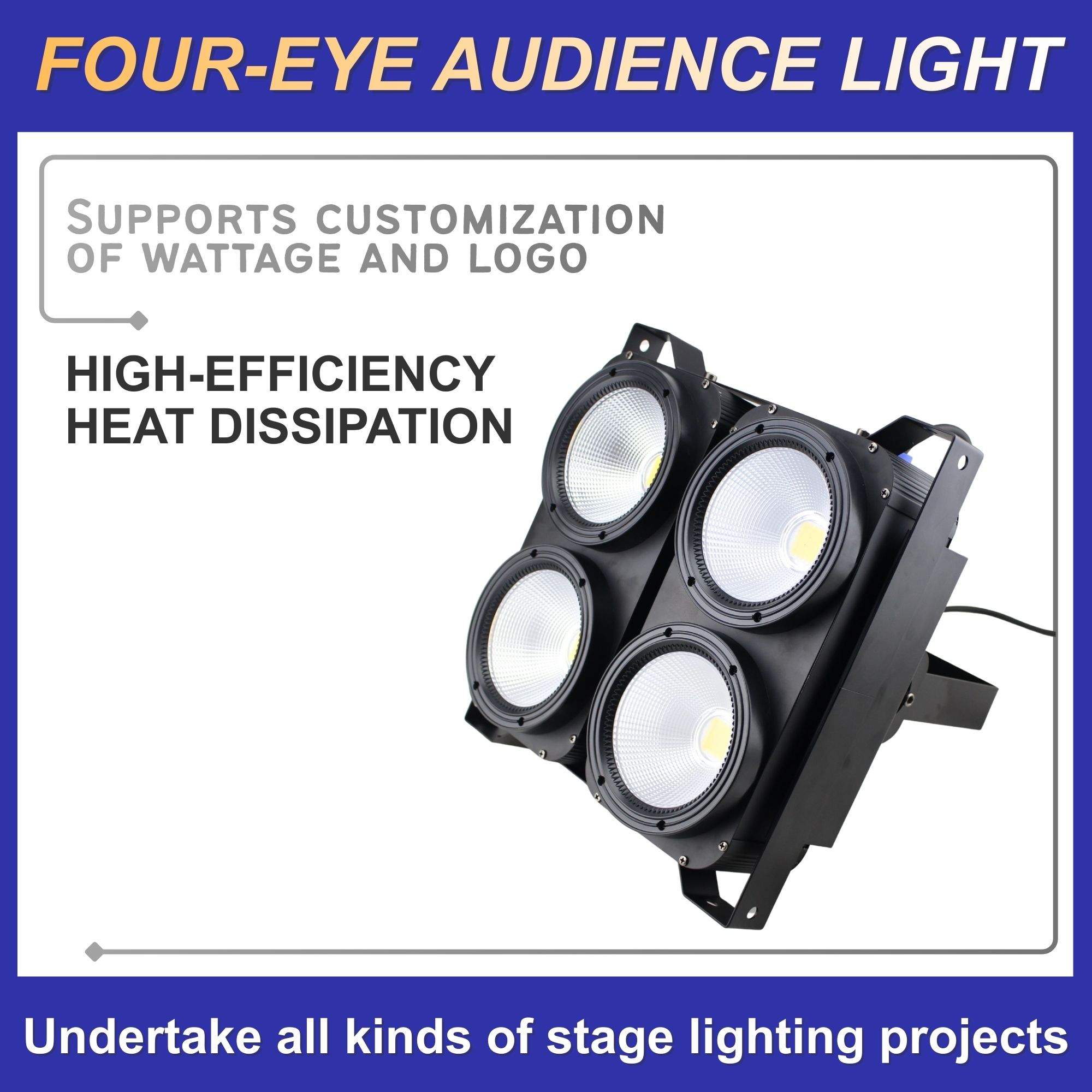 Cross-border best-selling two-eye COB face light stage performance, four-eye seven-color flashing audience light wedding party event atmosphere rendering, stage live streaming room lighting creation, supplementary lighting Specification drawing