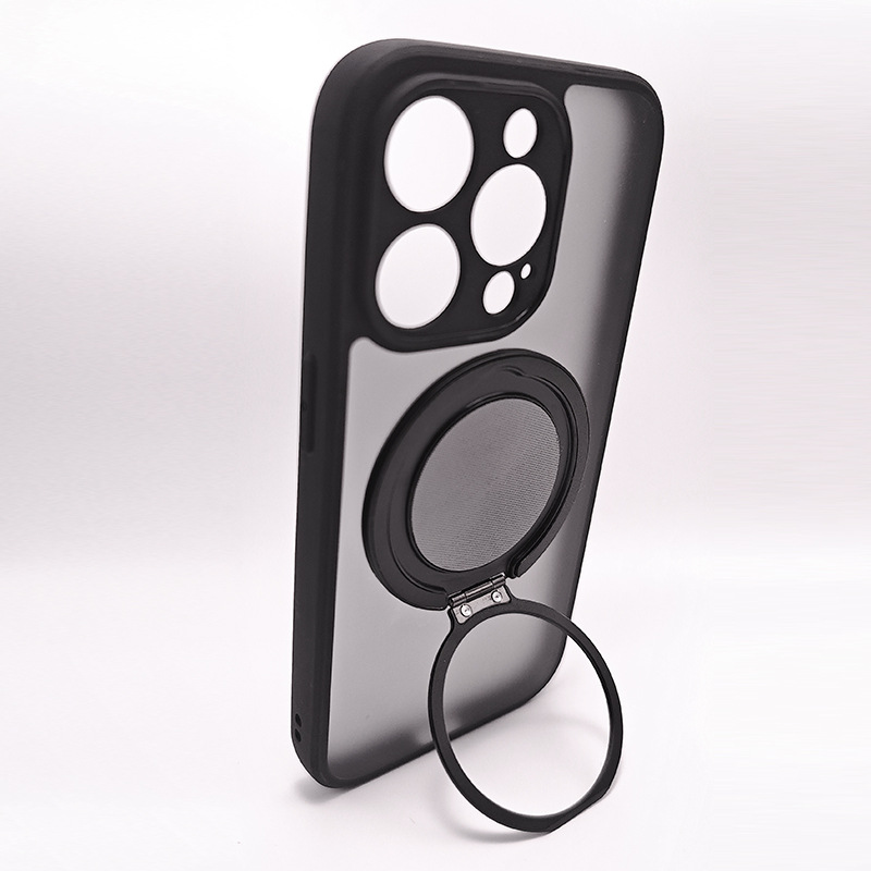 适用iPhone15手机壳磁吸电镀翻盖镜头支架苹果14透明全包PC硬壳套 黑色