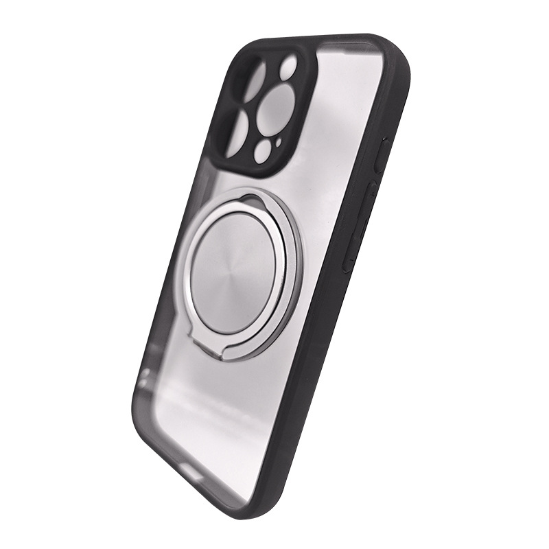 适用iPhone15手机壳磁吸电镀翻盖镜头支架苹果14透明全包PC硬壳套 灰色