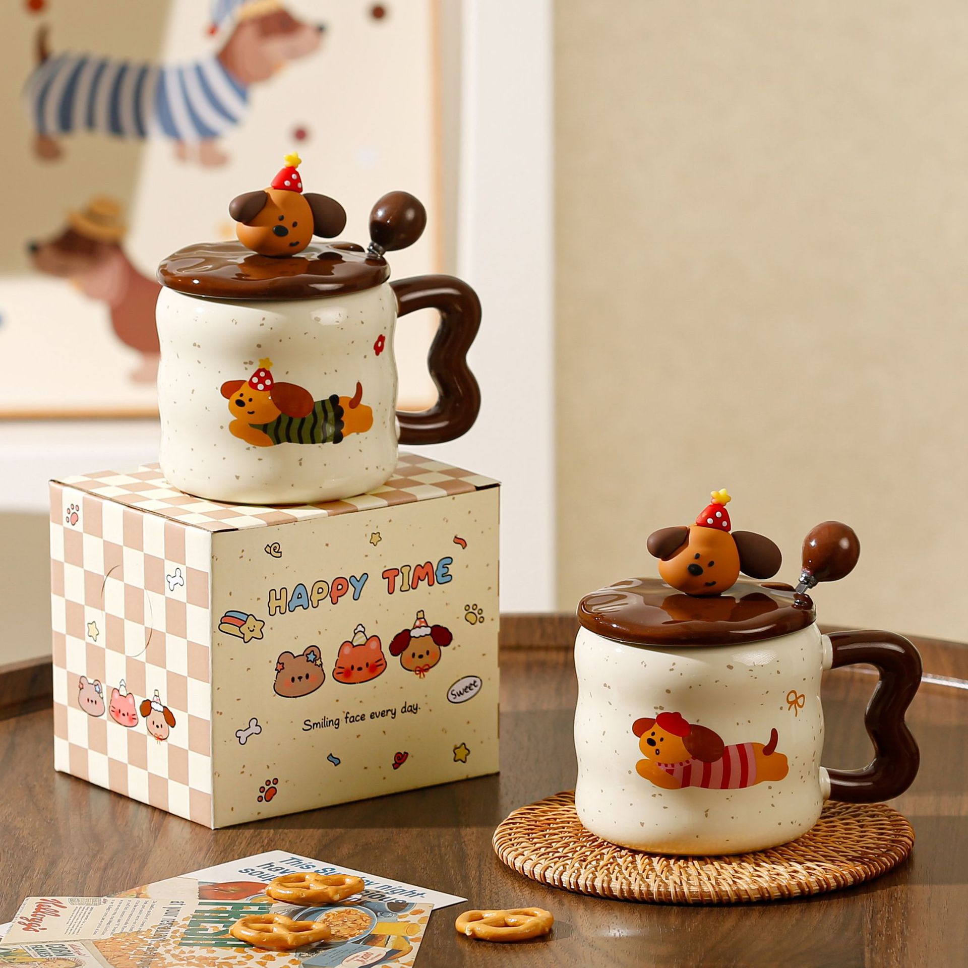 可爱腊肠狗高颜值马克杯陶瓷杯子水杯盖勺可爱礼盒生日创意伴手礼陶瓷马克杯详情6