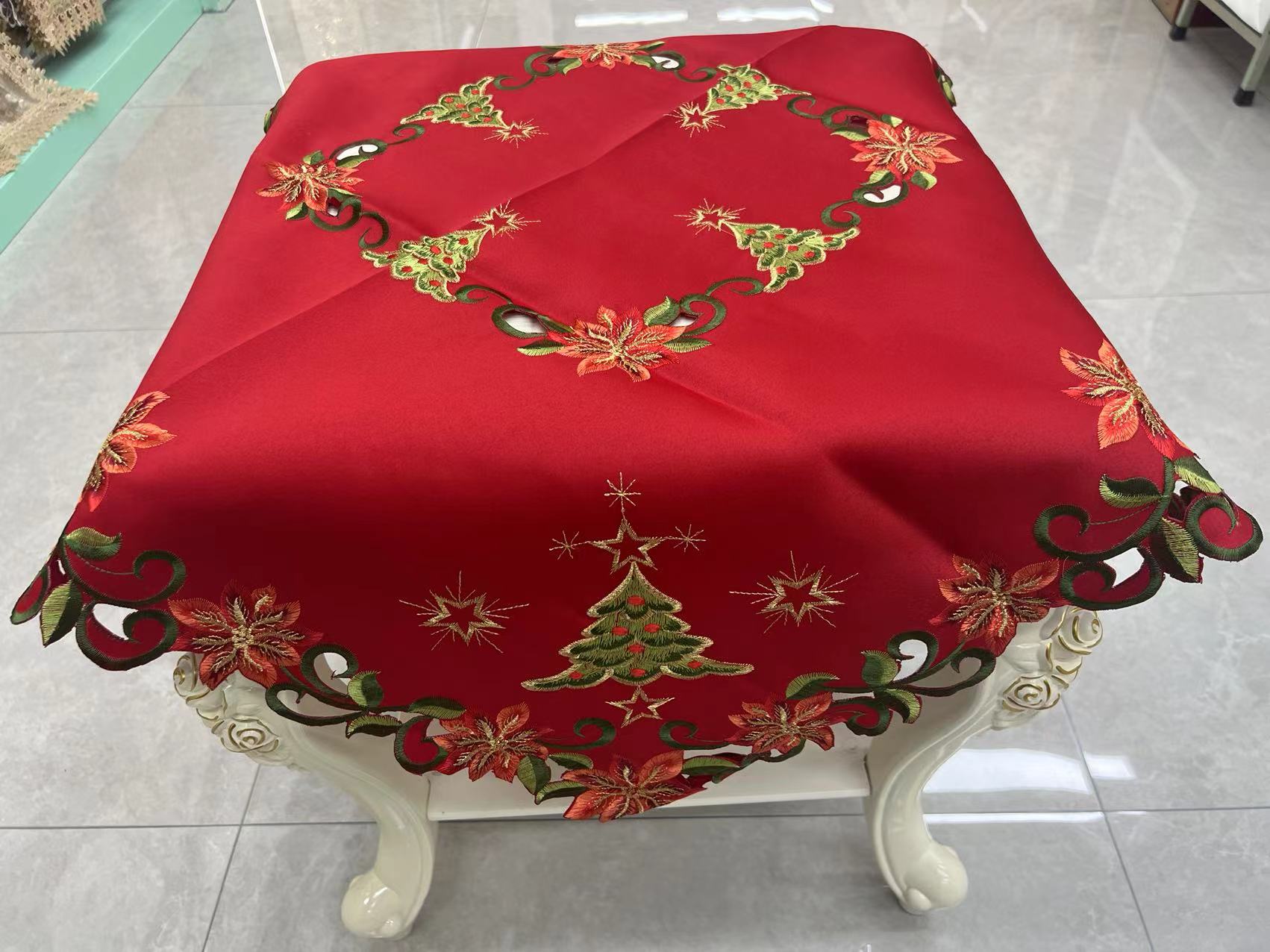 Red embroidered Christmas patterned tablecloth details Picture