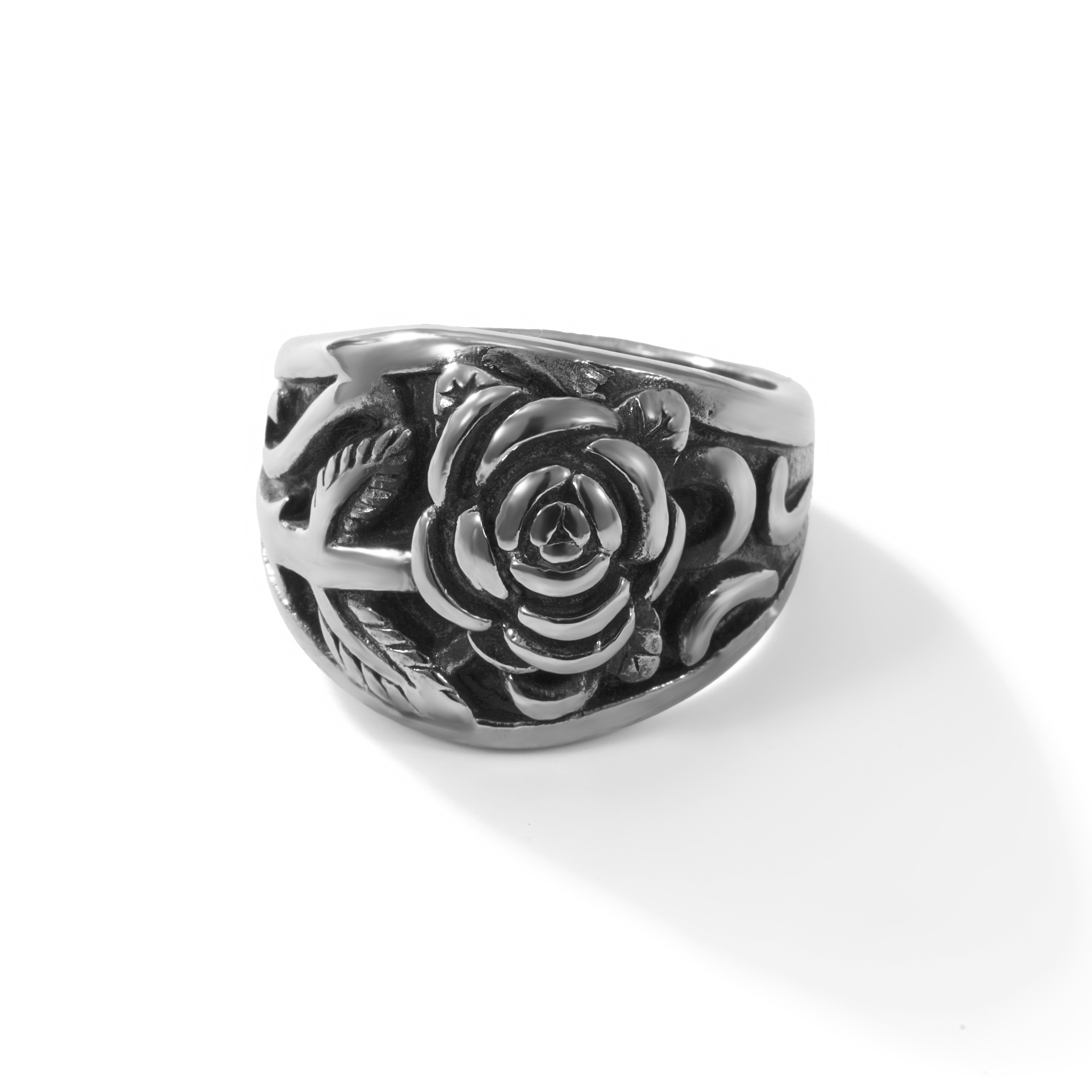 银色玫瑰花纹戒指简约时尚轻奢设计不锈钢大气跨境欧美中性戒指复古煮黑产品图