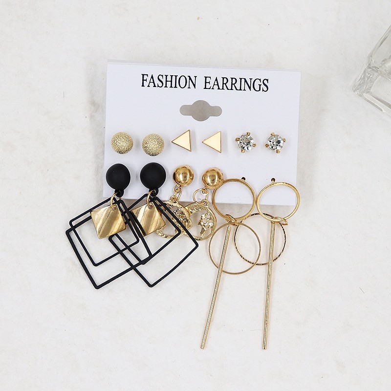 俊苒饰品外贸热卖新款夸张个性ins风铁 CCB 合金套装气质百搭耳饰批发流行组合耳钉套装几何黑色方块金属圆圈混搭饰品产品图