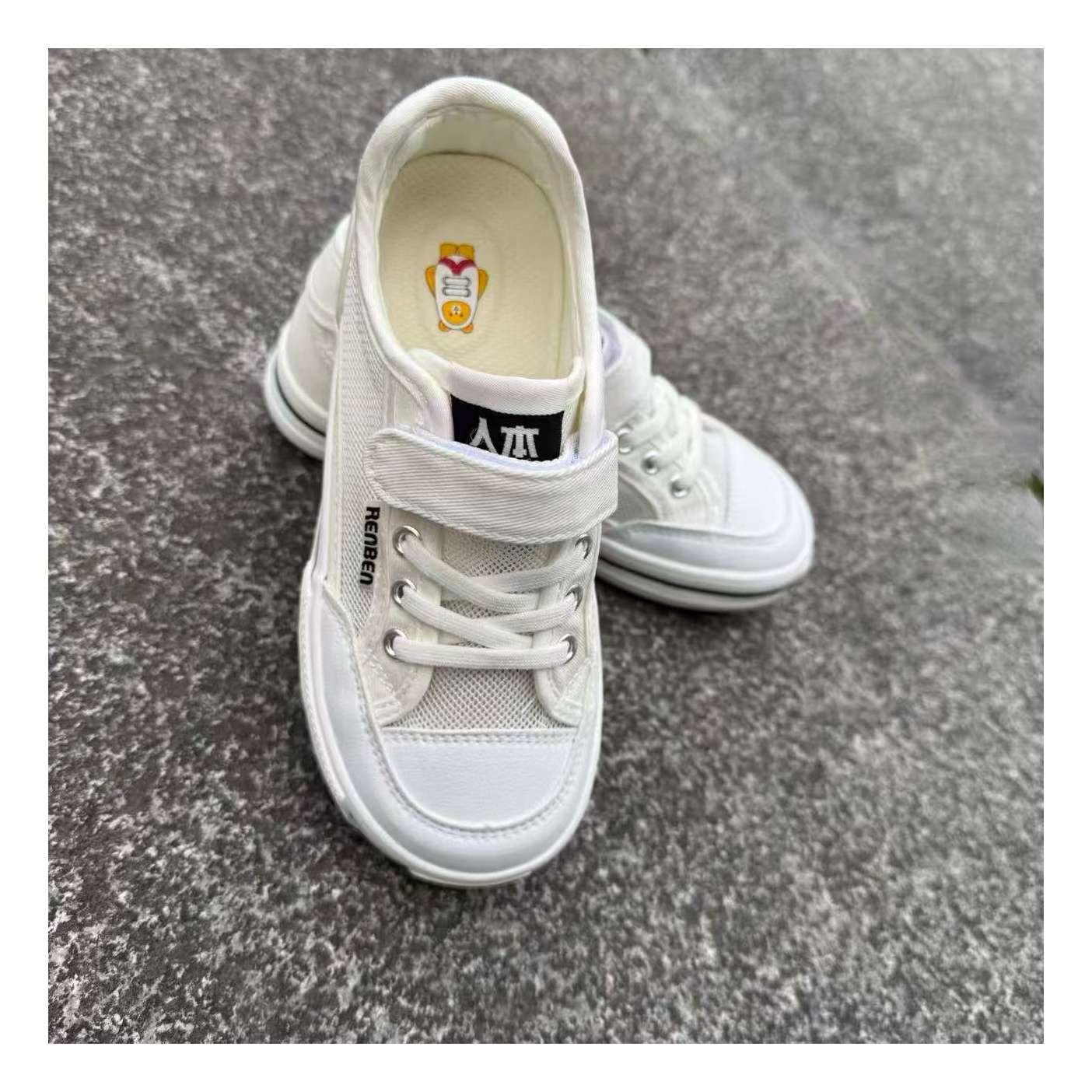 Renben children's white fabric mesh shoes breathable white sneakers