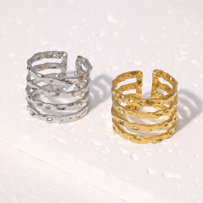 潮流饰品时尚外贸爆款多线锤纹开口戒指金色钢色YYKK012