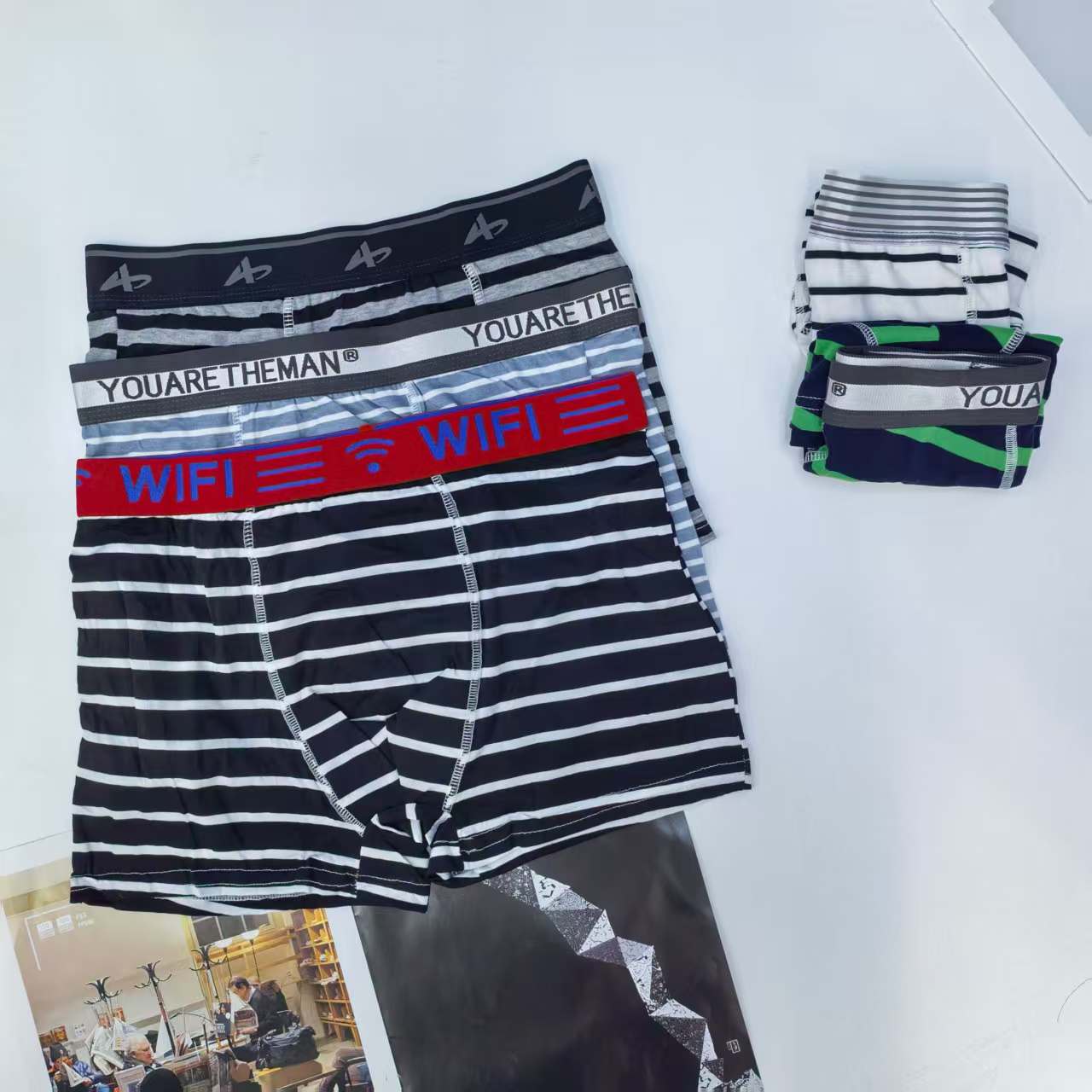 1464# Men's striped printed underwear for export to the Middle East and Africa, men's pure cotton underwear with contrasting color letter waistband QNI full figure