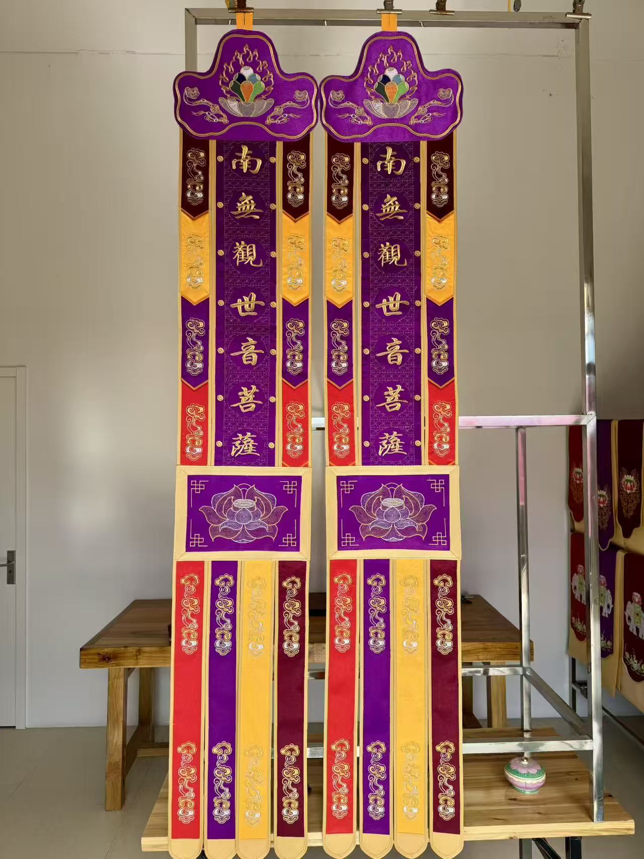 Buddhist items: long banner, double dragon lotus, Eight Auspicious signs, Ten offerings, hanging sail, main hall, hanging banner, Buddhist hall decoration, embroidery ceremony, 2 meters details Picture
