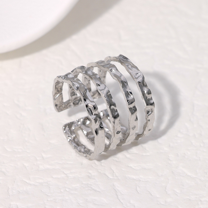 Trendy accessories, fashionable export bestseller, multi-line hammer-patterned open ring in gold steel color, YYKK012 details Picture