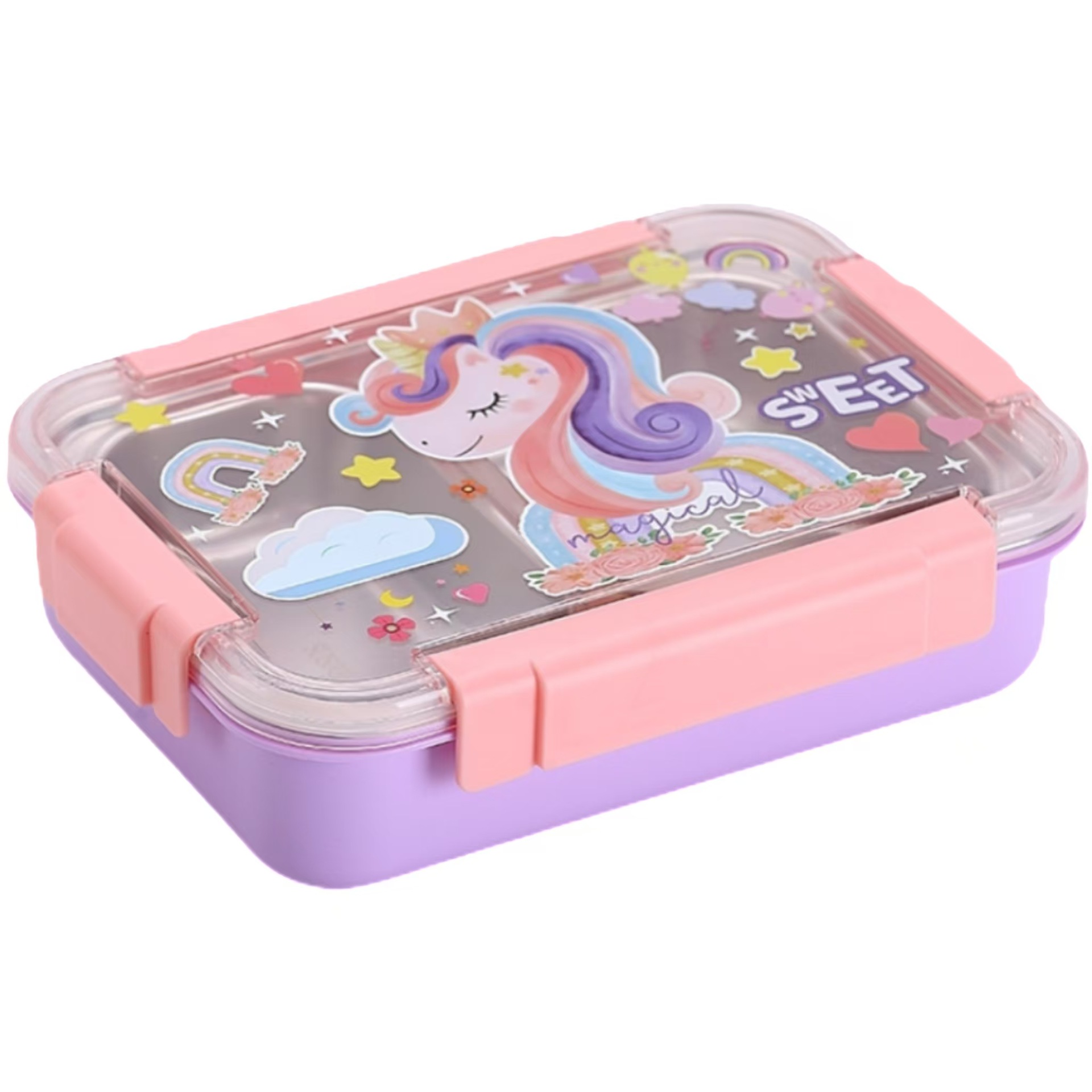 304 不锈钢卡扣分格饭盒 太空宇航员独角兽卡通印花 学生儿童便携便当盒详情2