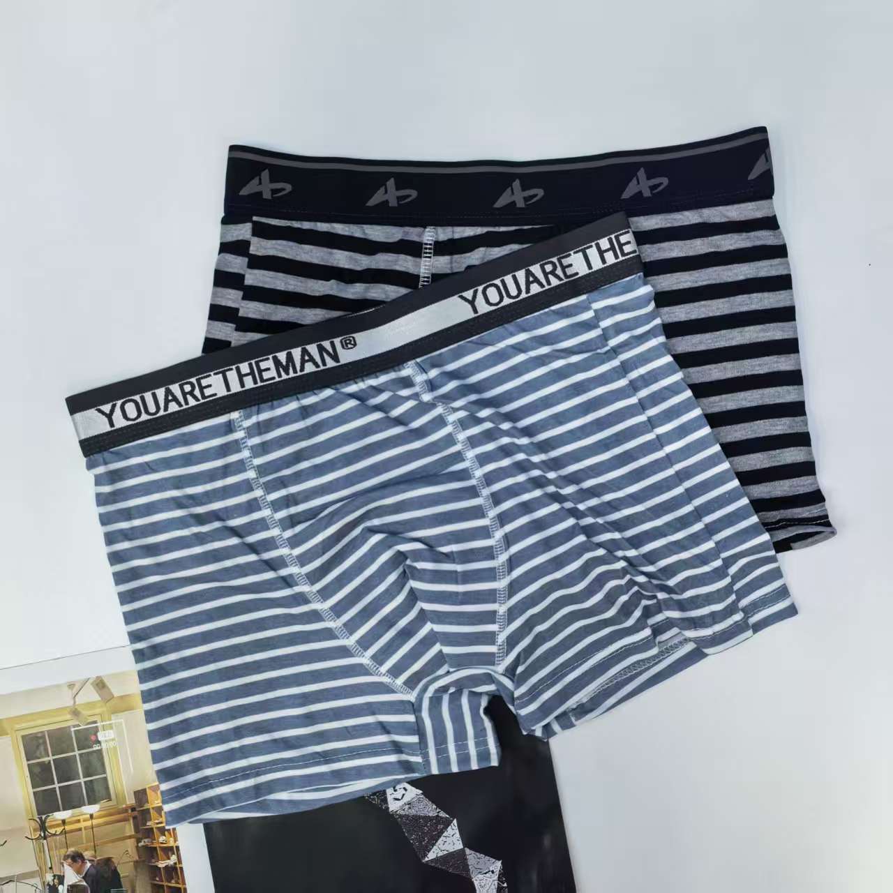 1464# Men's striped printed underwear for export to the Middle East and Africa, men's pure cotton underwear with contrasting color letter waistband QNI Specification drawing