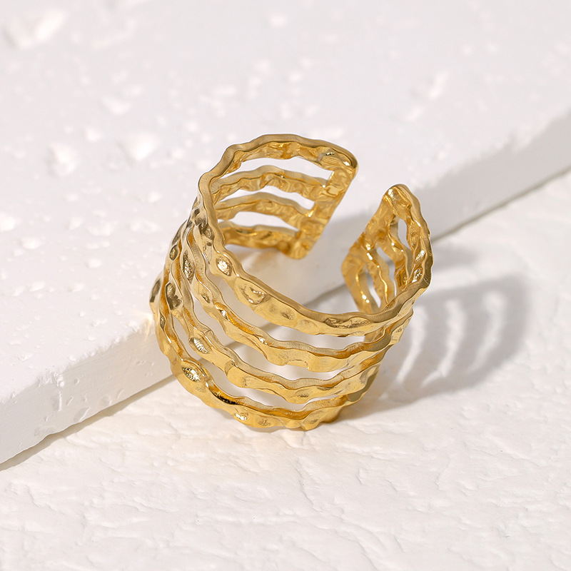 Trendy accessories, fashionable export bestseller, multi-line hammer-patterned open ring in gold steel color, YYKK012 Specification image