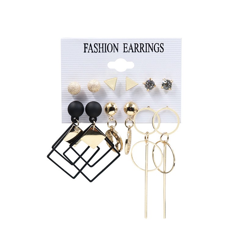 俊苒饰品外贸热卖新款夸张个性ins风铁 CCB 合金套装气质百搭耳饰批发流行组合耳钉套装几何黑色方块金属圆圈混搭饰品白底实物图