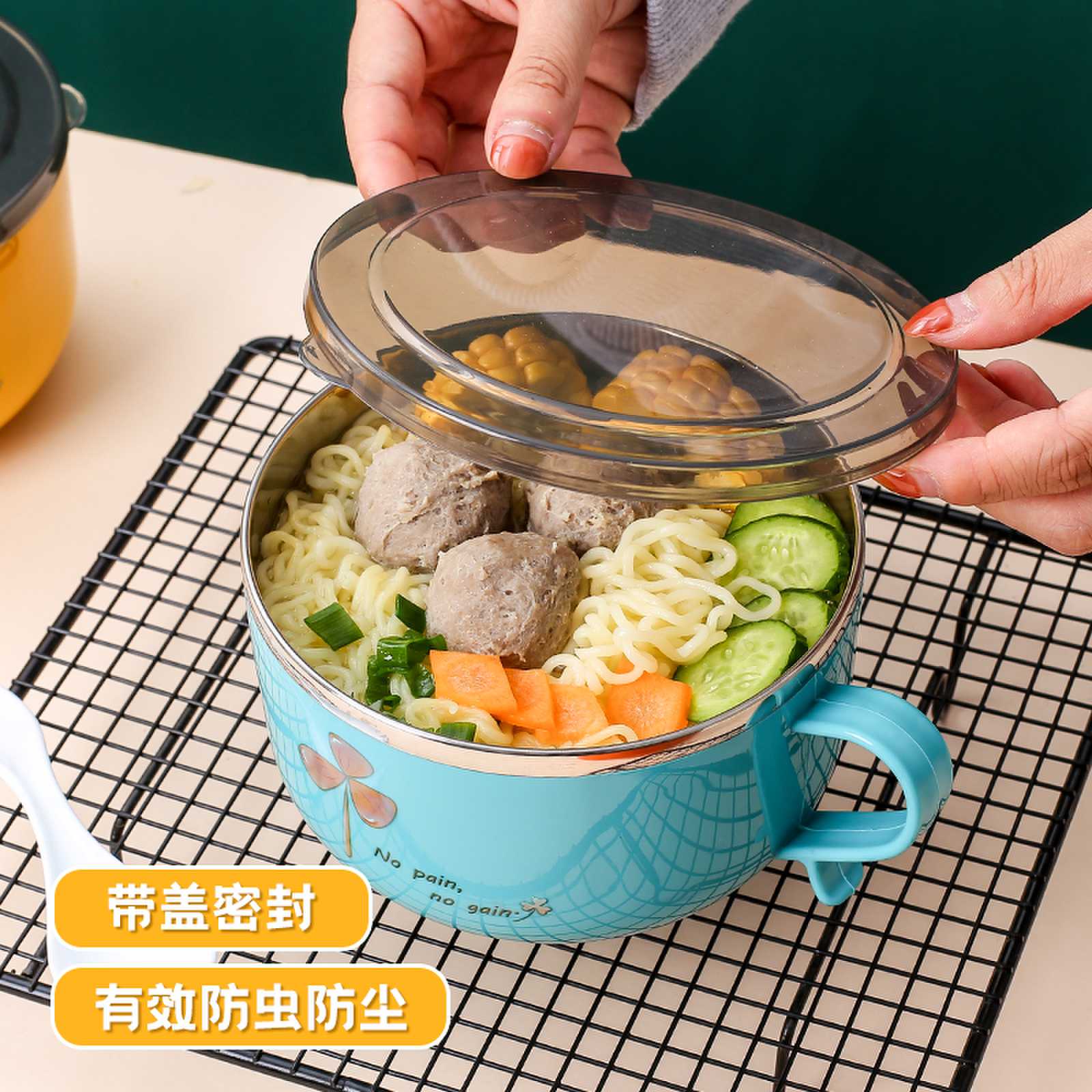 304不锈钢单耳、双耳双层中空隔热泡面碗汤碗 带盖学生饭碗泡面神器详情4