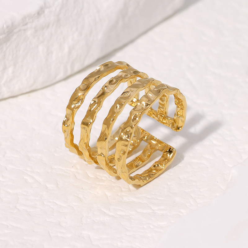 Trendy accessories, fashionable export bestseller, multi-line hammer-patterned open ring in gold steel color, YYKK012 Item Picture