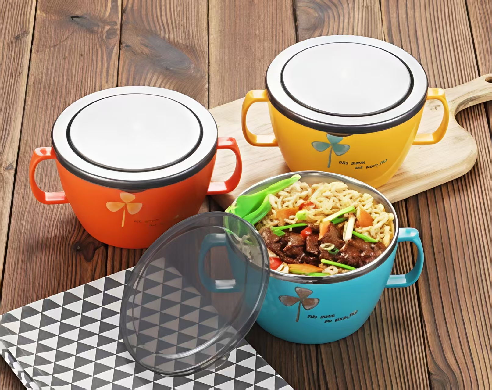 304不锈钢单耳、双耳双层中空隔热泡面碗汤碗 带盖学生饭碗泡面神器产品图