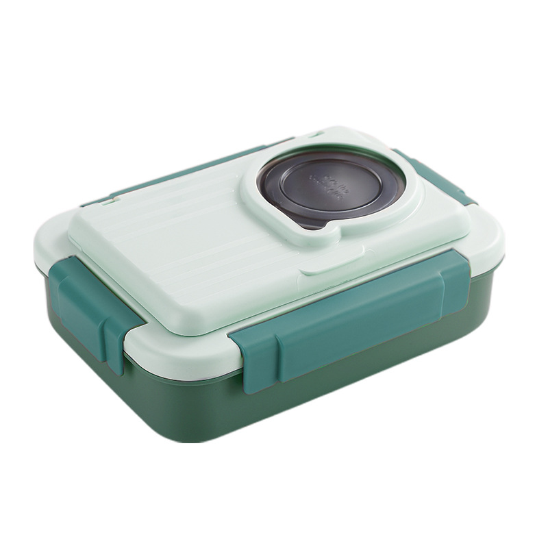 304 不锈钢卡扣分格饭盒 简约撞色设计 带独立汤碗与餐具 上班族学生便携便当盒详情2