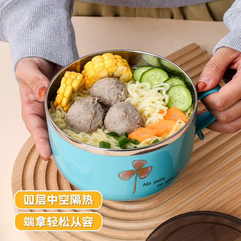304不锈钢单耳、双耳双层中空隔热泡面碗汤碗 带盖学生饭碗泡面神器细节图