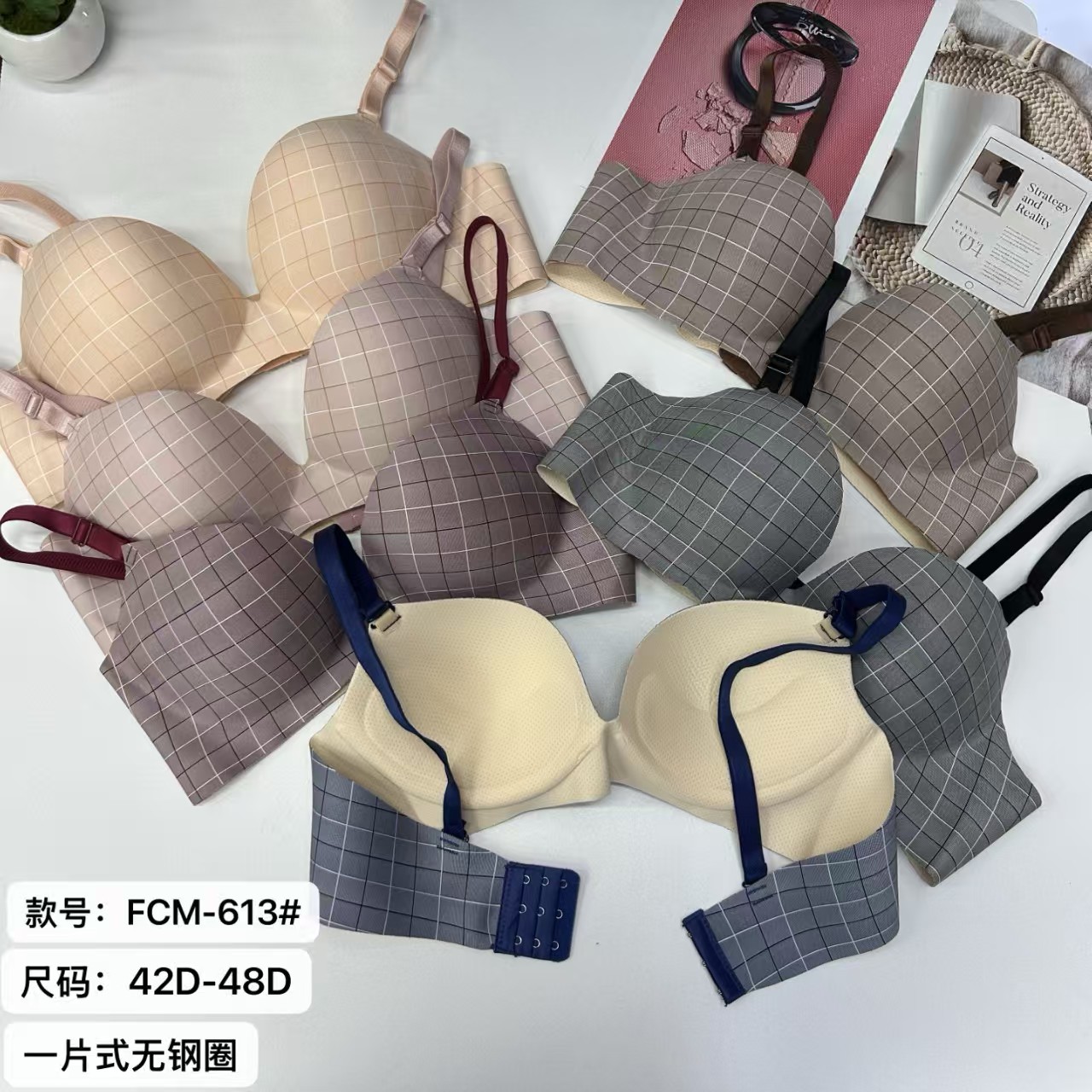 FCM-613#女士文胸外贸出口中东非洲女士文胸女士一片式手掌杯格子文胸聚拢舒适无钢圈文胸QNI