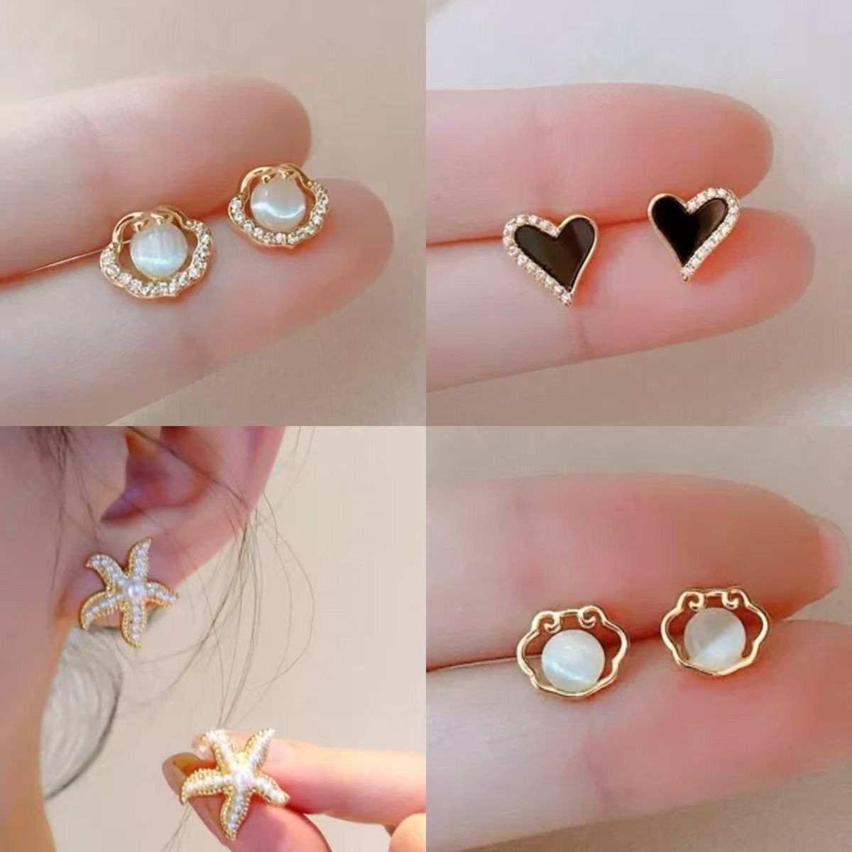 2026 fashionable new earrings, pearl sweet stud earrings, cat's eye starfish shell seaside design sense, light luxury small stud earrings details Picture