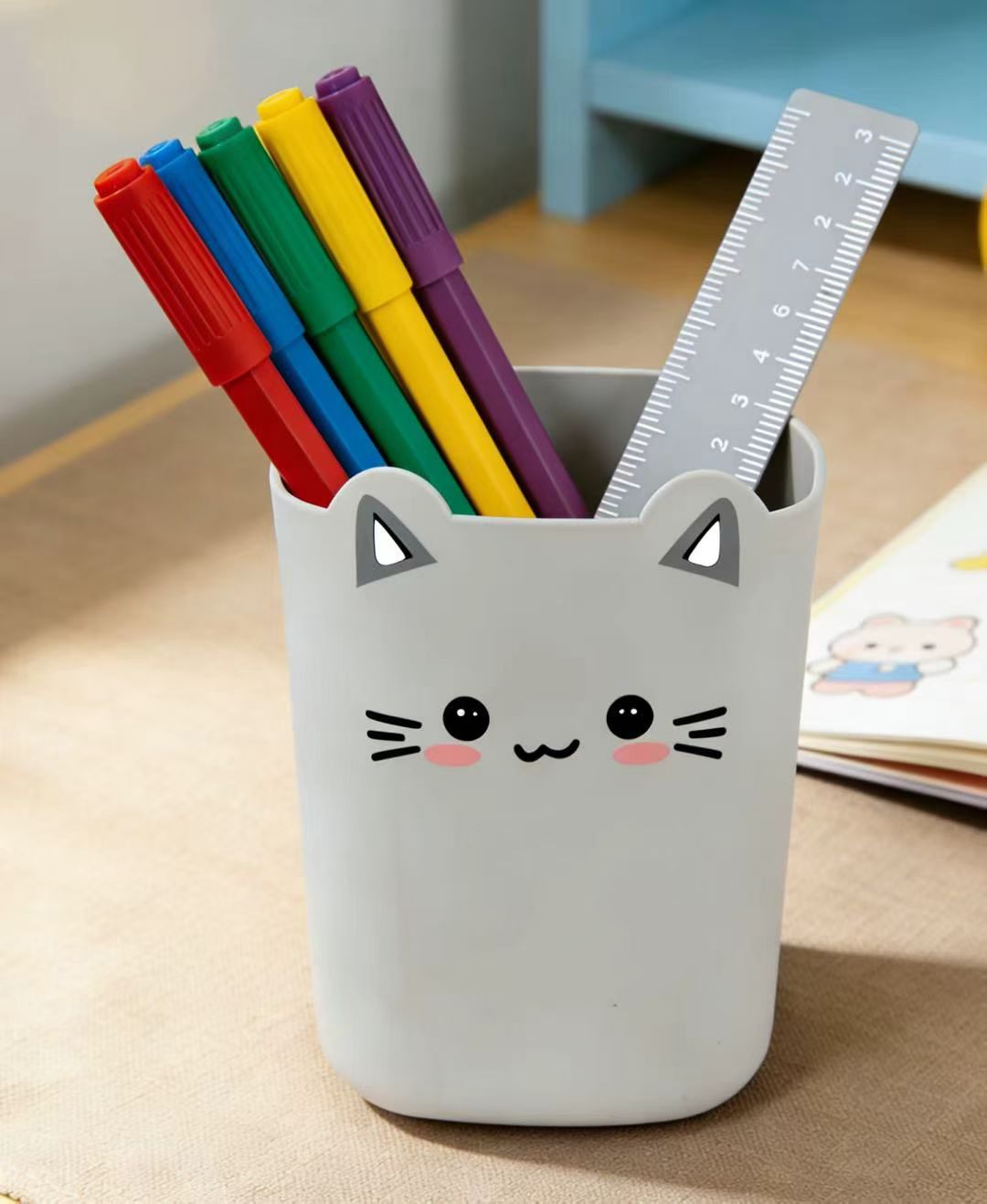 Children, babies, students, desktop trash can, pen holder, storage bucket, cartoon and cute, size 12.5*14.5, fun little cat and rabbit detail image 3
