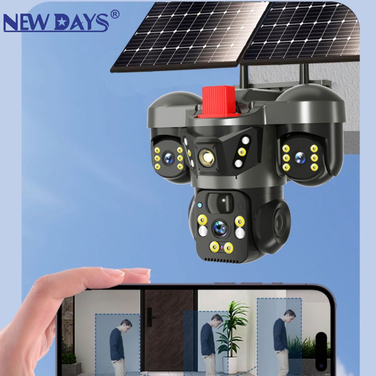 NEWDAYS marca transfronteriza nueva cámara de vigilancia solar con alta definición de tres lentes al aire libre a prueba de agua, control remoto inalámbrico con alarma en tiempo real details Picture