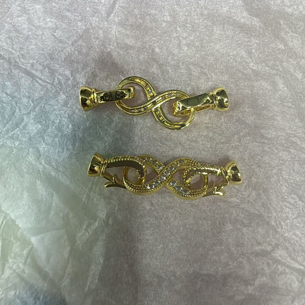 铜镀14K真金镶锆石小号单排8字扣手工diy珍珠手链收尾白金子母扣