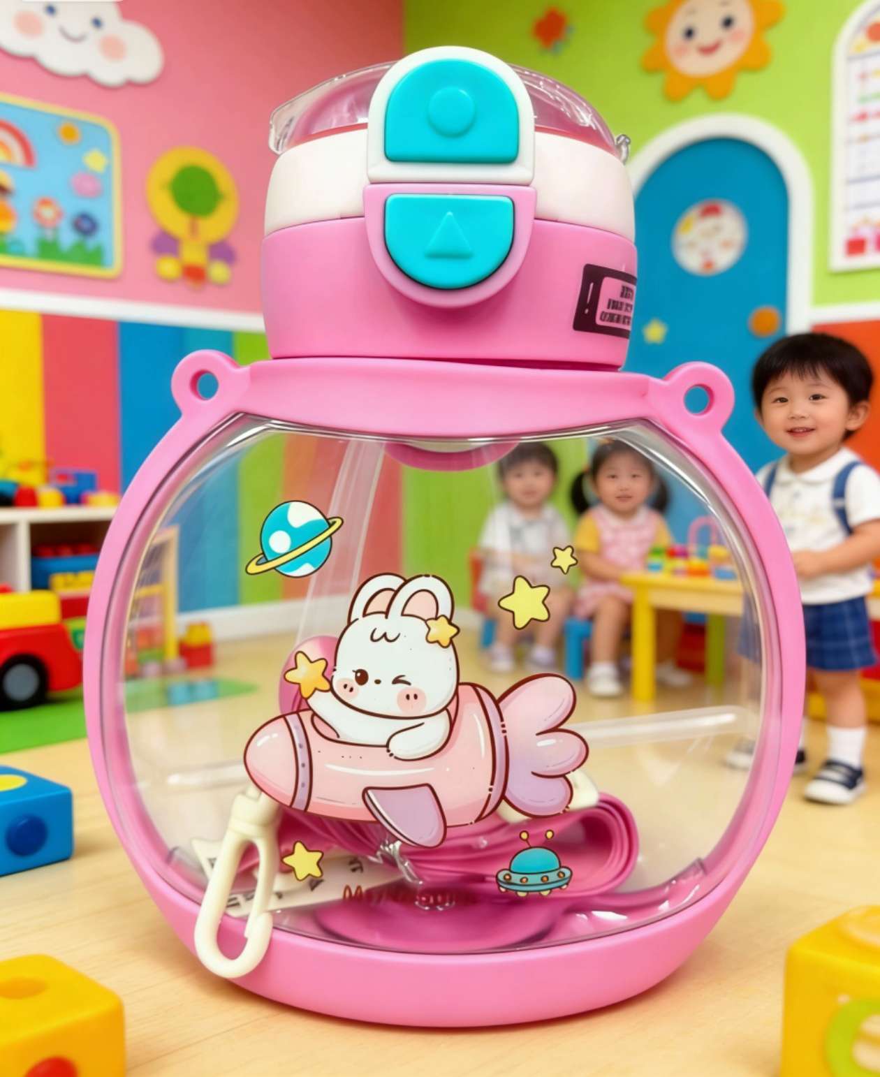 儿童幼儿背带绳水壶水杯弹跳盖吸管便携式杯宝宝随行饮水神器卡通杯850ml塑料儿童水杯卡通图案宝宝肩带详情图7