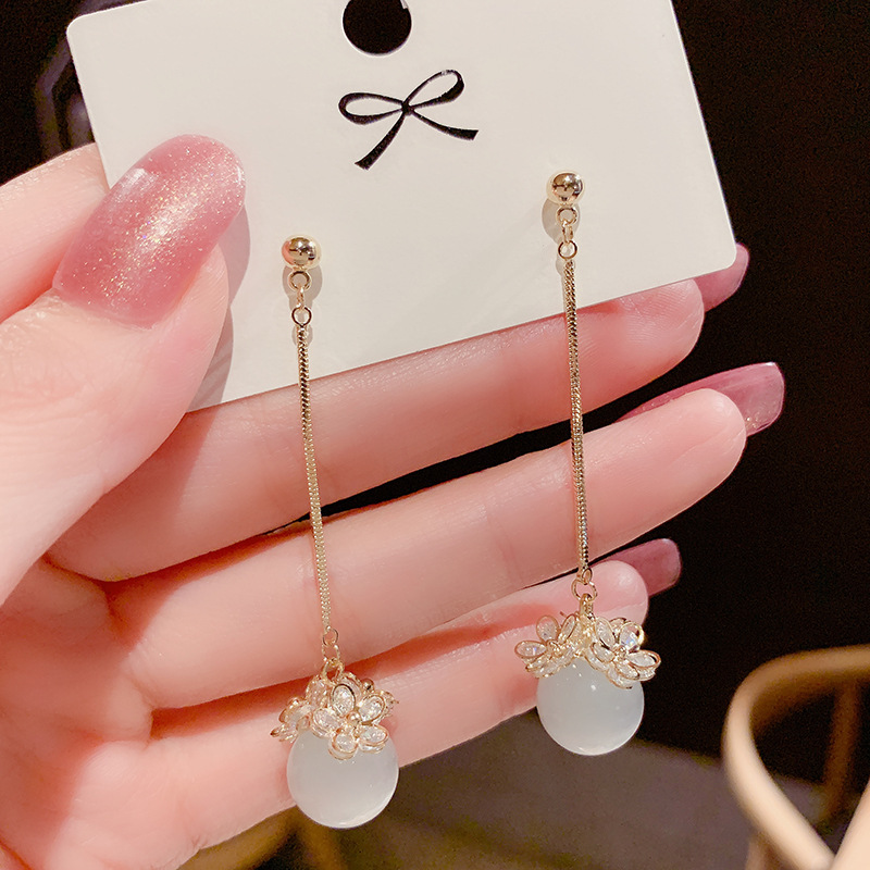 2026 Dongdaemun cat's Eye Stone Long Earrings for women, simple and versatile, face-slimming earrings s925 silver needle earrings Specification image