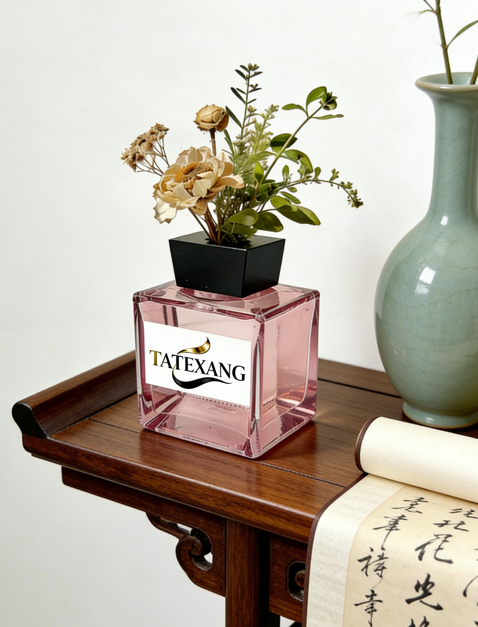 Pink square glass bottle TATEXANG perfume bottle, fragrance bottle, decorative bottle, home decor Item Picture
