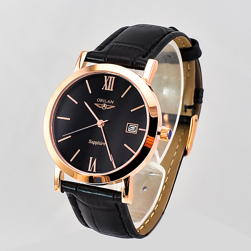 新款严选304不锈钢表壳 平片蓝宝石玻璃石英手表车黑色商务手表