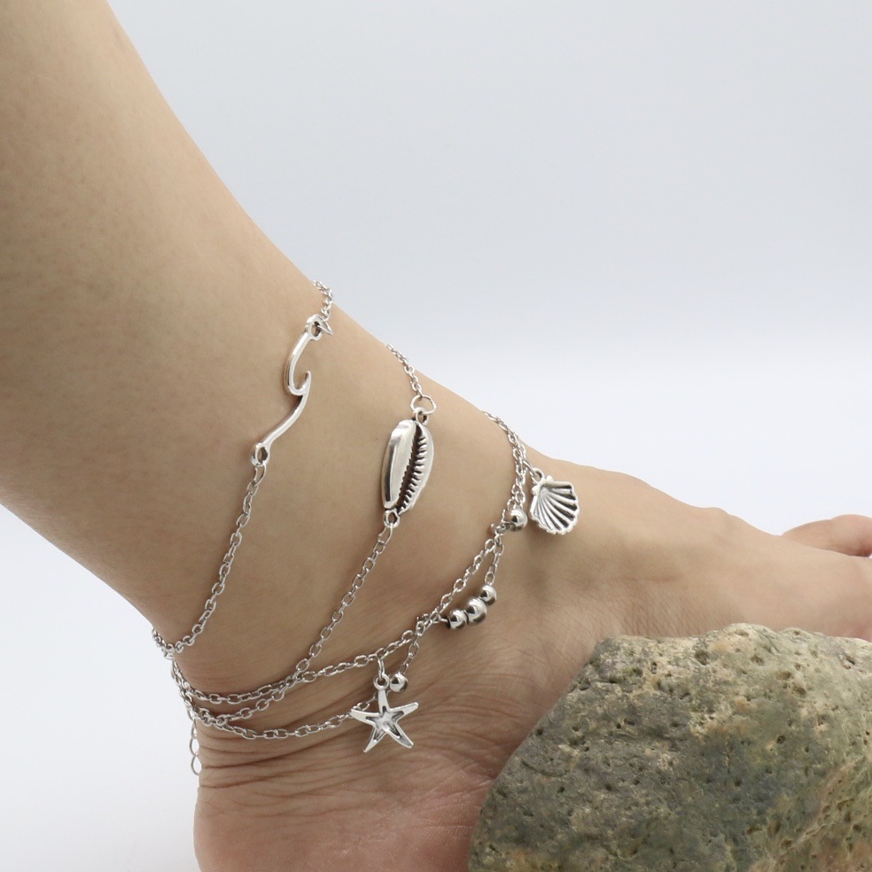 跨境欧美时尚流行 波西米亚海浪鱼尾 个性脚链 女士沙滩多层 脚链