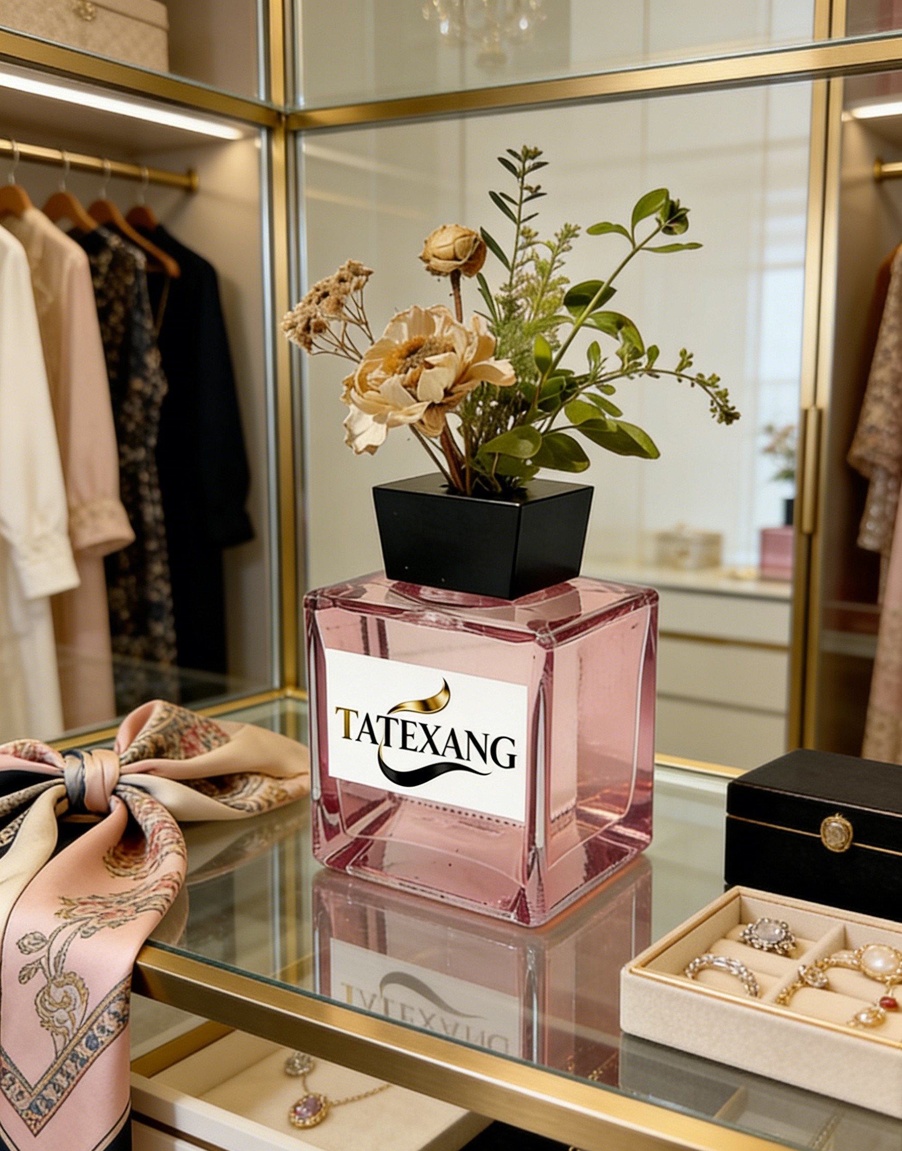 Pink square glass bottle TATEXANG perfume bottle, fragrance bottle, decorative bottle, home decor Specification image