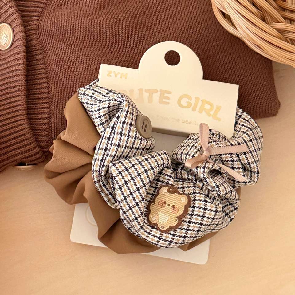 Korean early autumn coffee-colored sweet and versatile checkered fabric colon hair circle for girls, low ponytail butterfly colon circle detail image 6