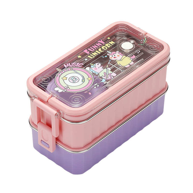 卡通太空海洋双层手提分格饭盒 304 不锈钢内胆 带酱料盒与餐具 学生儿童便携防漏便当盒详情2