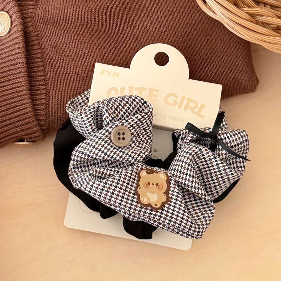 Korean early autumn coffee-colored sweet and versatile checkered fabric colon hair circle for girls, low ponytail butterfly colon circle Item Picture