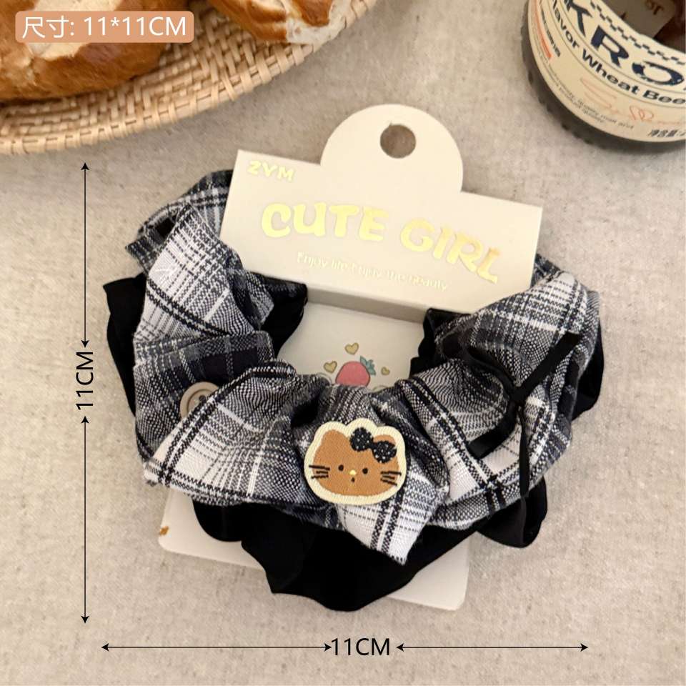 Korean early autumn coffee-colored sweet and versatile checkered fabric colon hair circle for girls, low ponytail butterfly colon circle detail image 5