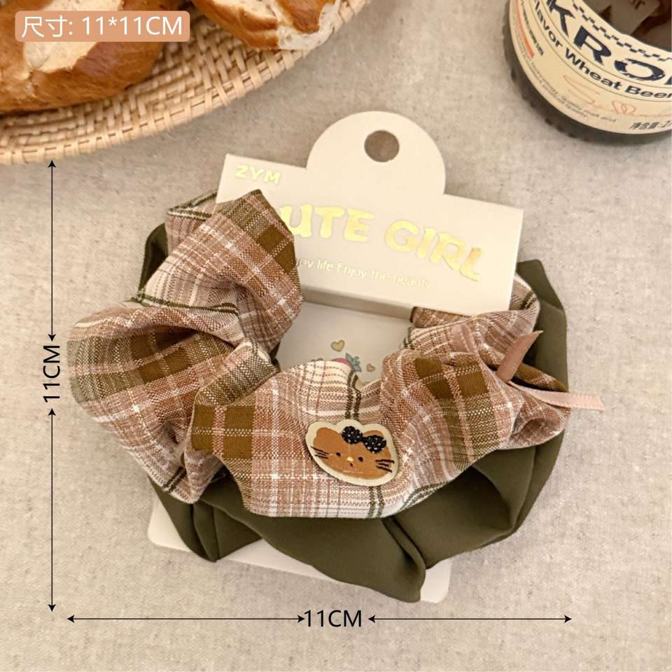 Korean early autumn coffee-colored sweet and versatile checkered fabric colon hair circle for girls, low ponytail butterfly colon circle detail image 4