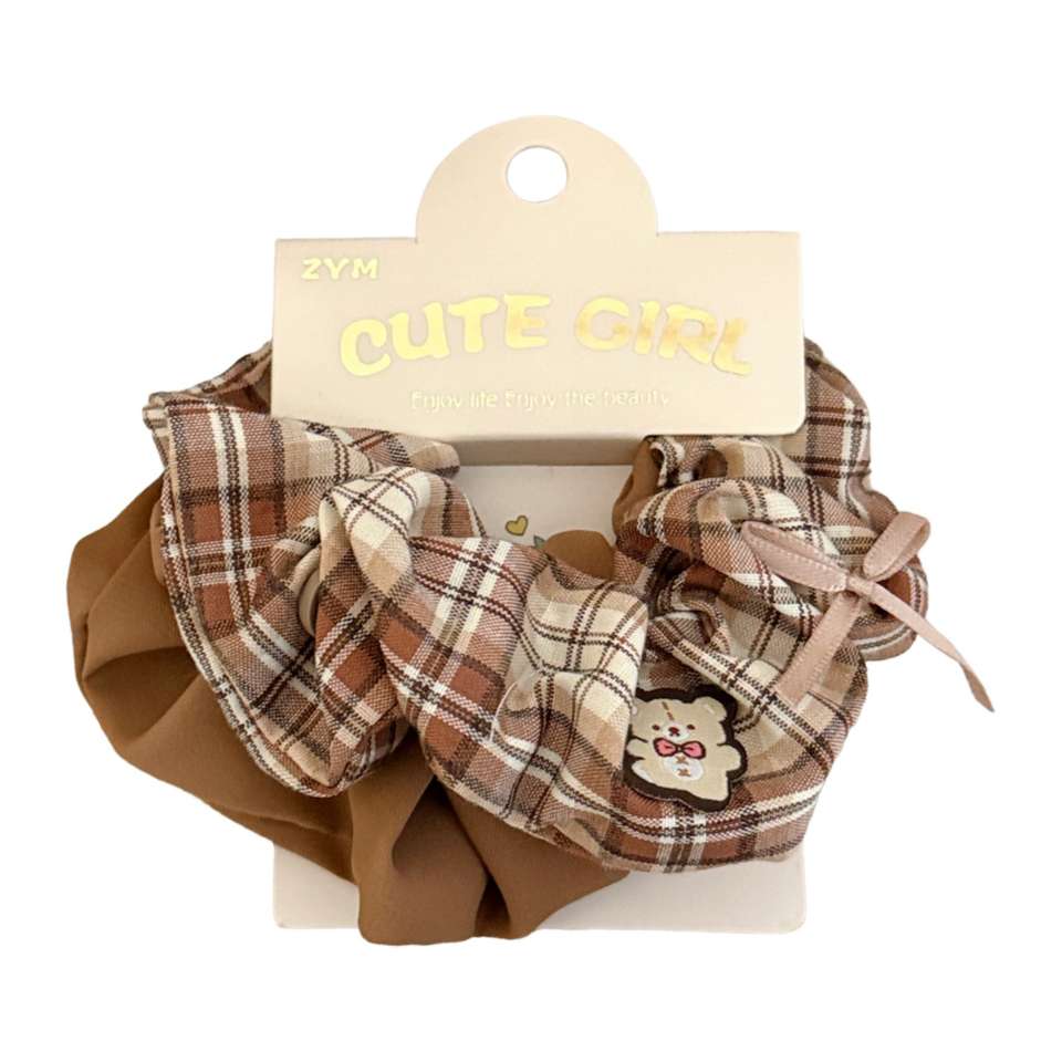 Korean early autumn coffee-colored sweet and versatile checkered fabric colon hair circle for girls, low ponytail butterfly colon circle details Picture