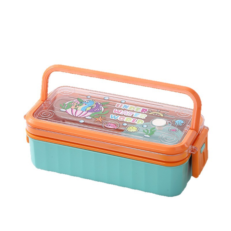 卡通海底世界手提分格便当盒 食品级 PP 材质 带叉勺餐具 学生儿童便携防漏饭盒详情2