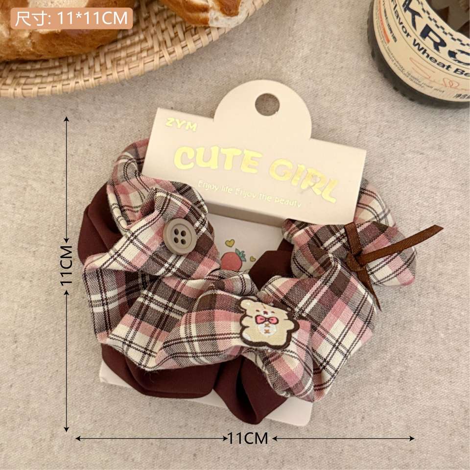 Korean early autumn coffee-colored sweet and versatile checkered fabric colon hair circle for girls, low ponytail butterfly colon circle detail image 7