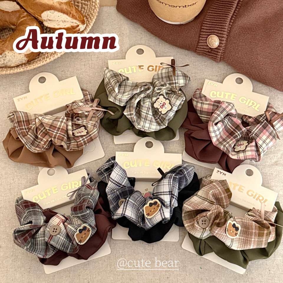 Korean early autumn coffee-colored sweet and versatile checkered fabric colon hair circle for girls, low ponytail butterfly colon circle