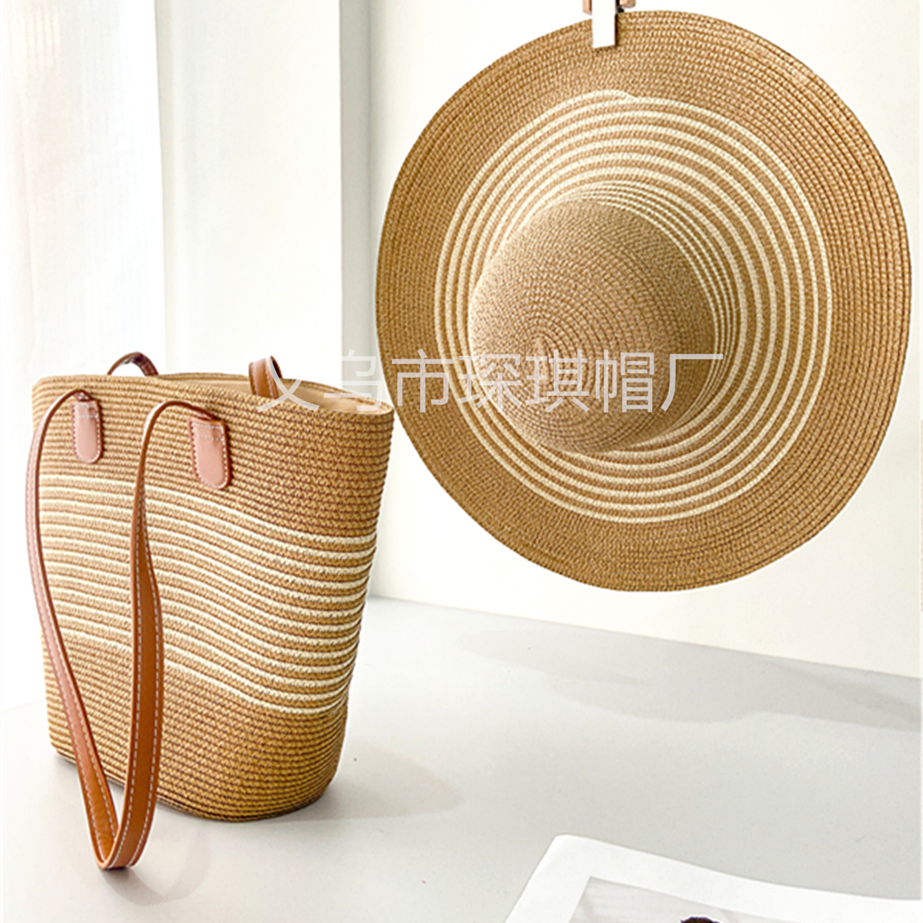 Cross-border new bestseller women's spring and summer straw woven bag, beach bag, beach hat combination set, two-piece set, striped wide-brimmed straw hat, single-shoulder tote bag, urban style, casual vacation, foldable women's bag, straw woven artistic seaside photo shoot