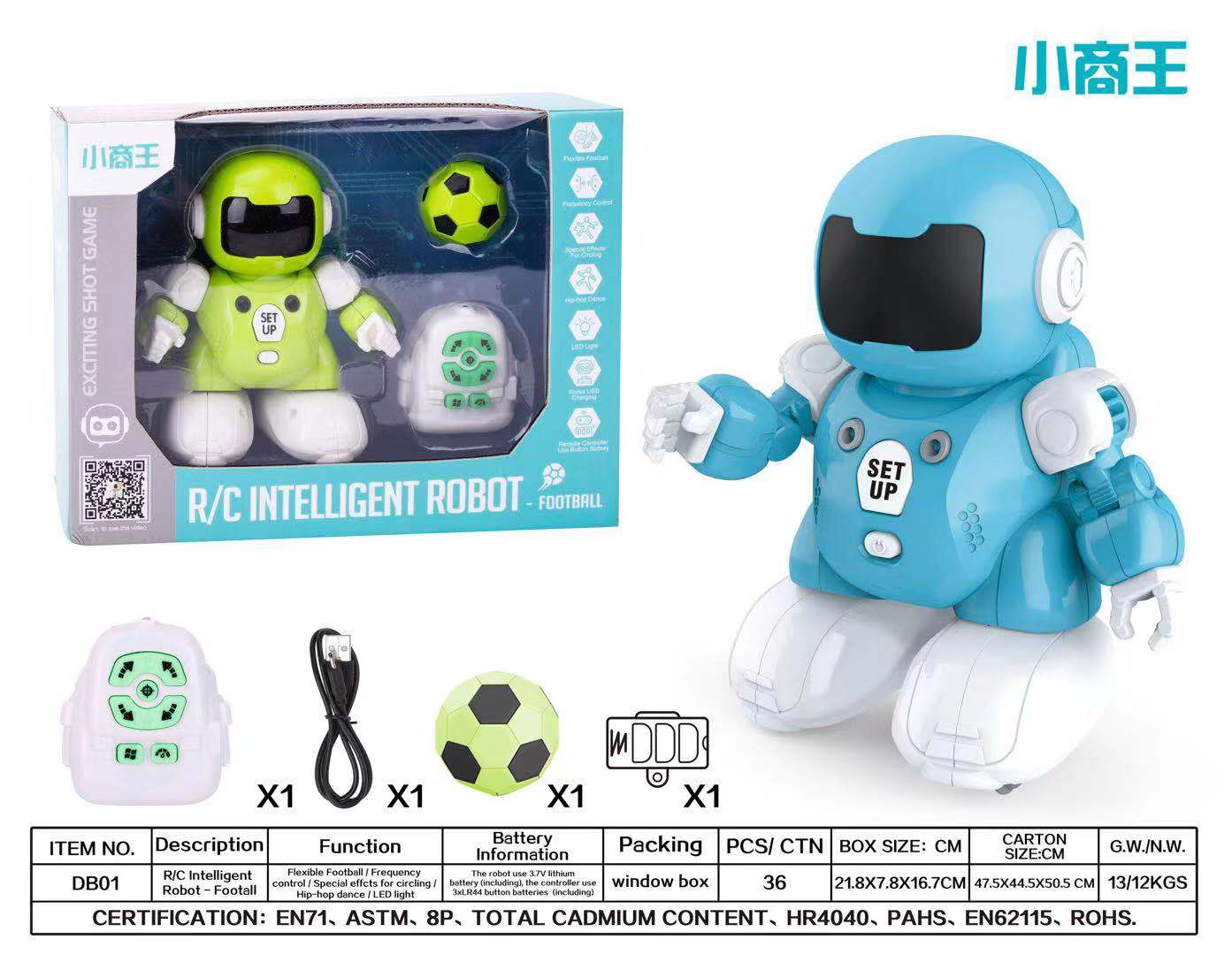 Xiaoshangwang DB01 infrared remote control football robot Blue robot Green robot Remote Control intelligent football toy Charging cable battery box Specification image