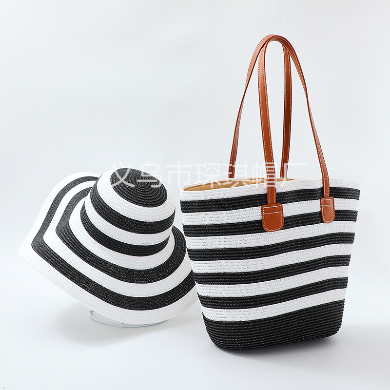 Women's cross-border new spring and summer straw woven beach bag, beach hat, straw hat combination set, two-piece hat and bag set, striped fashion trend, seaside sun protection and shade hat, UV protection, foldable, essential for outdoor travel Item Picture