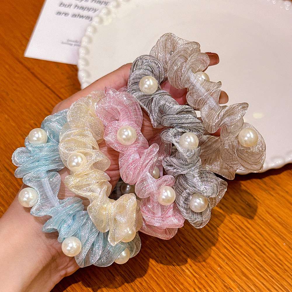 Super fairy-like organza small intestine hair band, versatile loose hair tie, girl's pearl ponytail hair tie, fabric leather band hair accessory