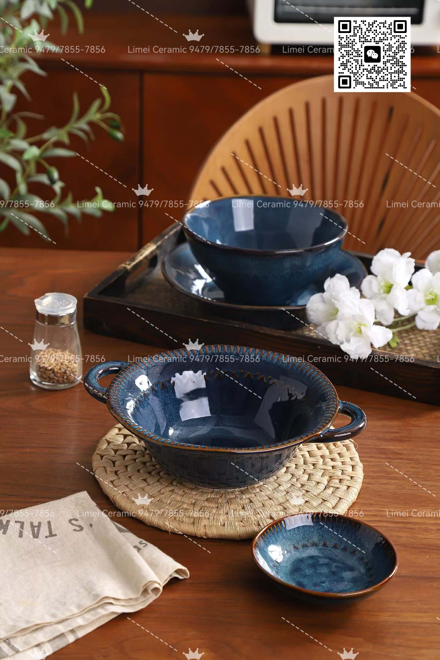 Limei Ceramics InS-style ethnic style Ceramic Tableware set of bowls, plates, spoons, cups and placemats for home and commercial use. Blue deep bowls, shallow plates, flat plates and saucers set details Picture