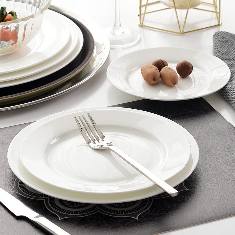 Bone China plates, pure white round creative plates, large flat plates of household ceramics, ceramic steak plates, Western plates Item Picture