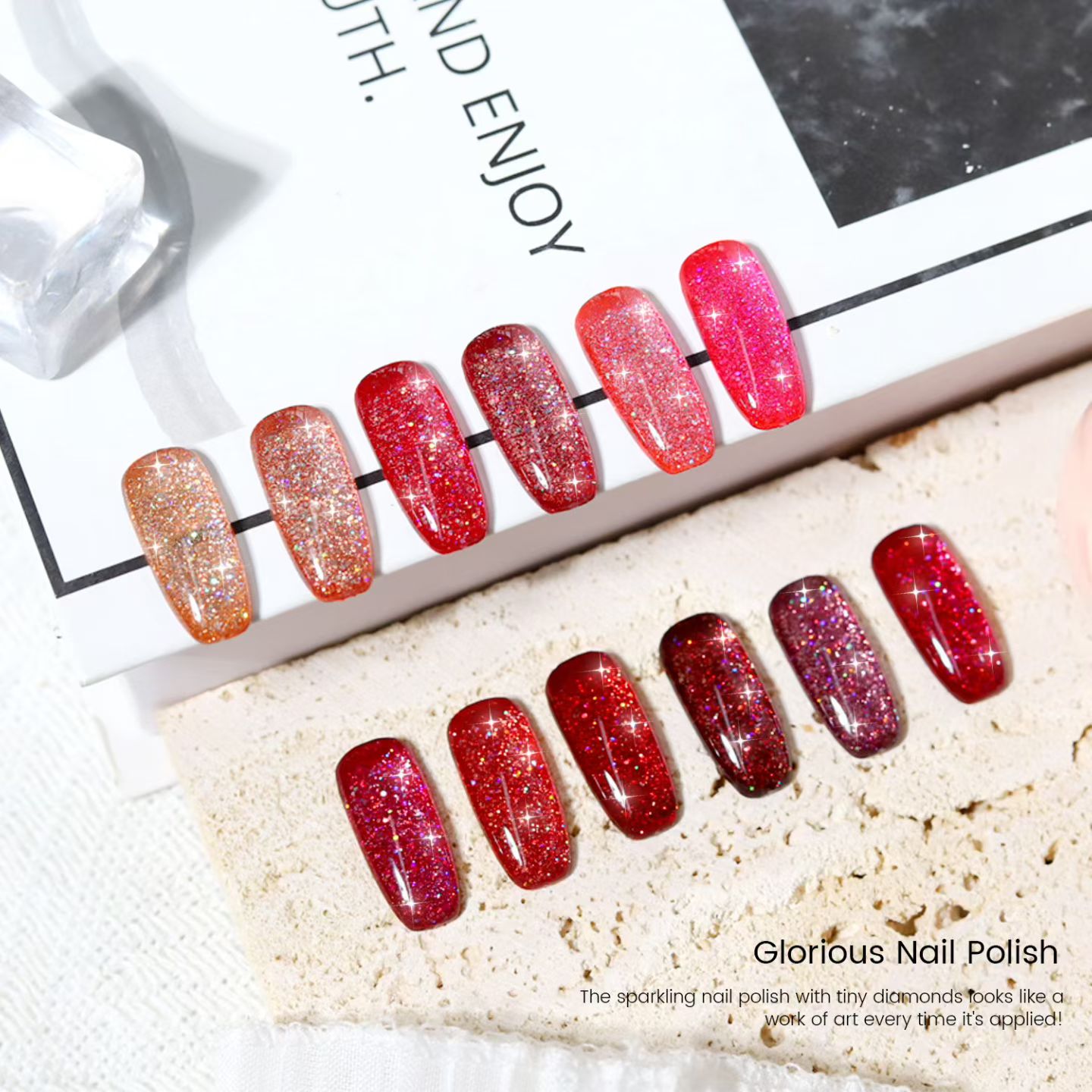 The nail polish is dazzling with a dazzling array of sequins and nail polish